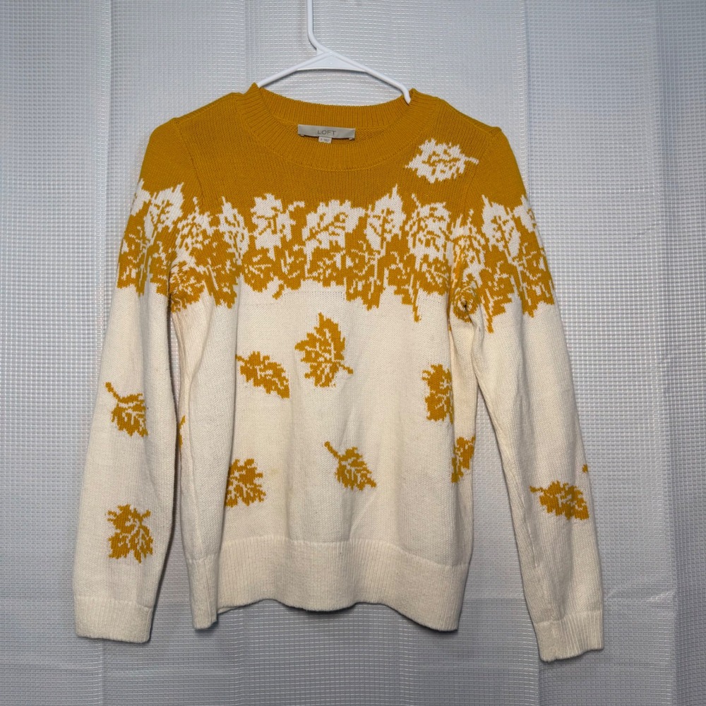 LOFT Leaf Pattern Sweater‎ Small Yellow Cream Cotton Blend Knit Crew Neck